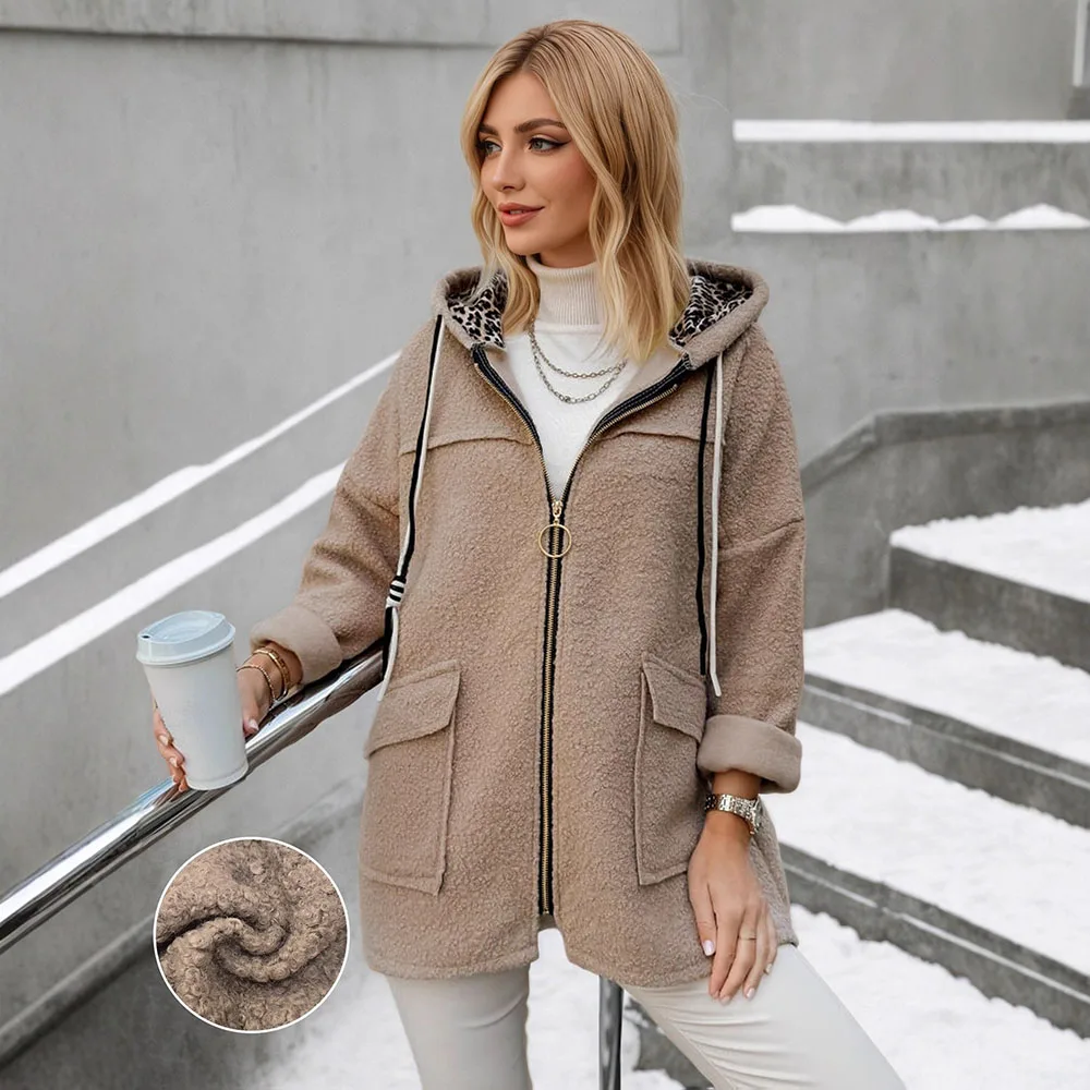 Hot Selling New Light Khaki Fleece Hooded Coat Loose Version Pocket Design Casual Mid Length Outerwear For Women Daily Wear