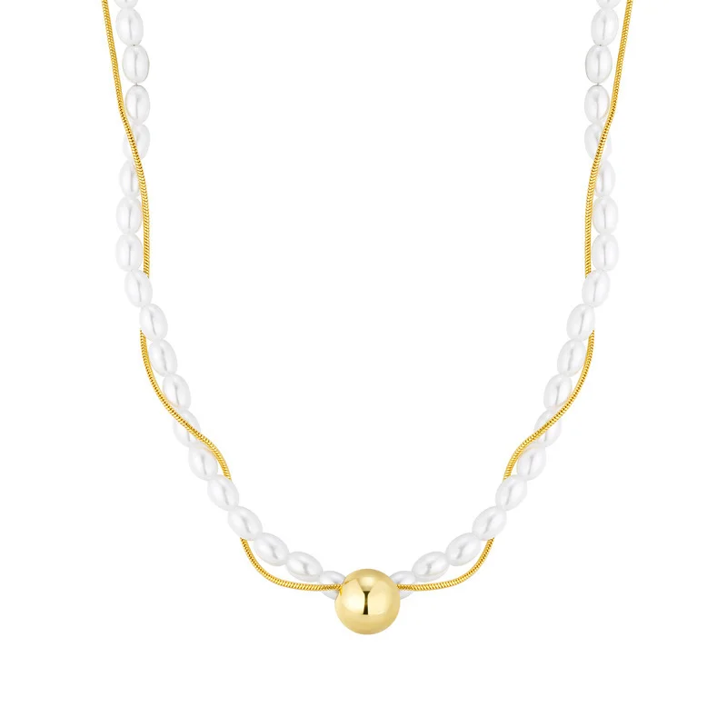 

Layered Pearl Snake Chain Necklace Gold Ball 316L Stainless Steel Hypoallergenic Tarnish Free Beaded Choker Women MURMUR