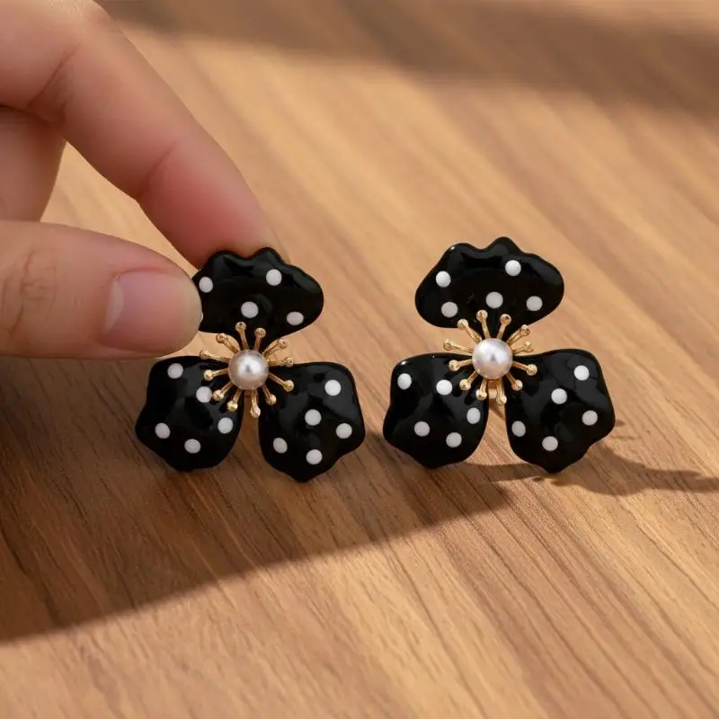 Faux Pearl Accent Flower Stud Earrings Black Polka Dot Gold Tone Edging Perfect BFF Gift for Female Friends