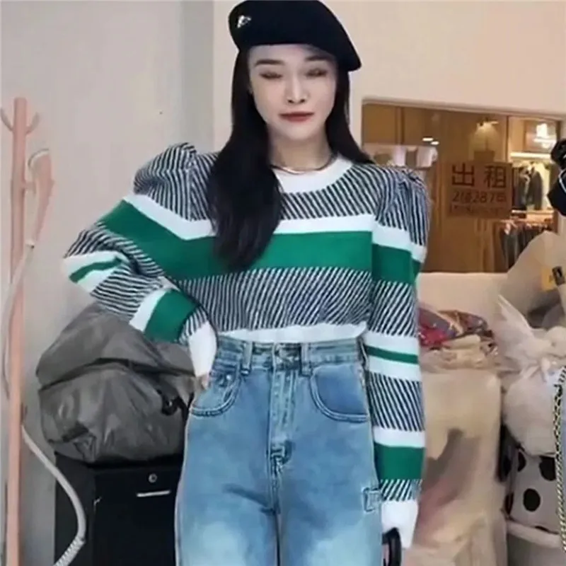 

2025 women's Spring Autumn New Sweater Color Matching Striped Sweater Jumper Korean Slim High Waist Knitwear Short Tops Female