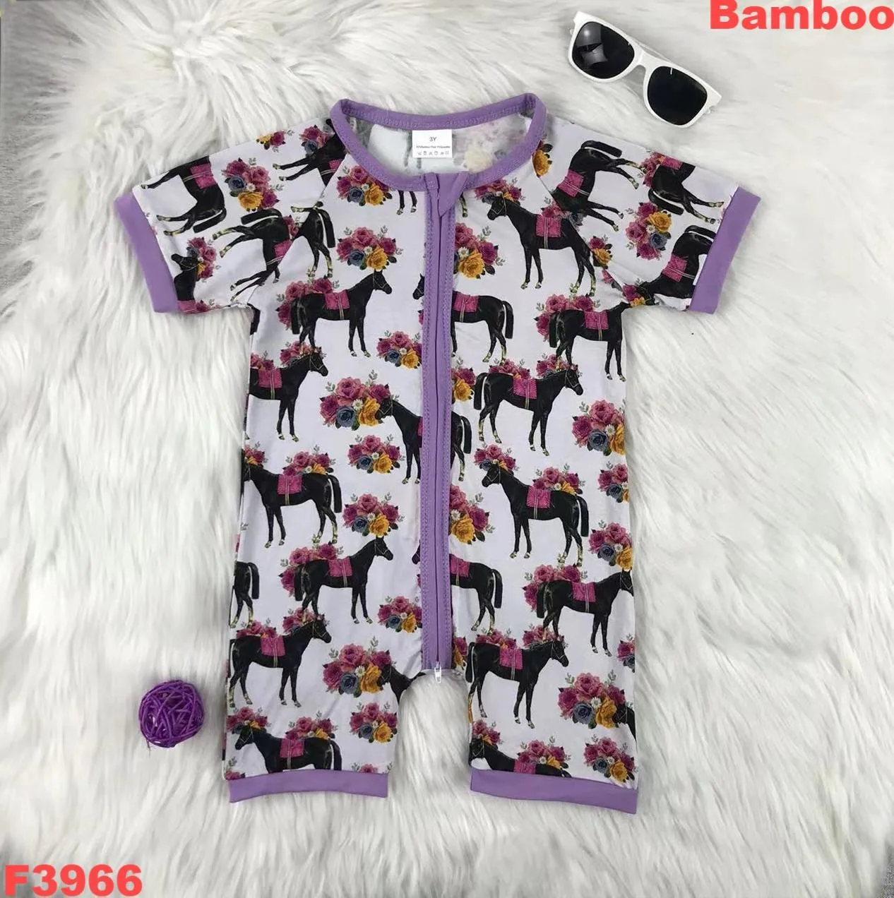 Baby Girl Boys Bamboo Rompers Kids Short Sleeve Western Flower Horse Bamboo Onesies Jumpsuits