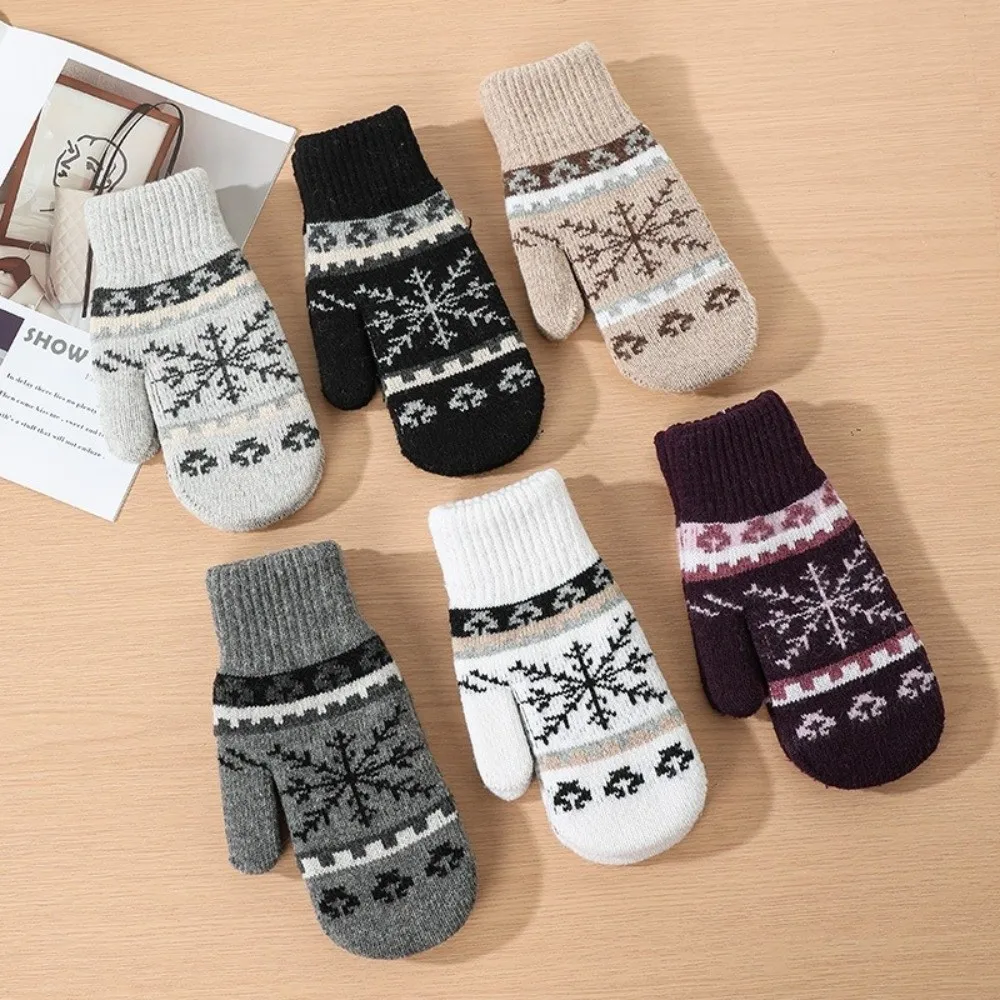 Double Layer Snowflake Jacquard Knitted Gloves Thickened Cold Resistant Winter Mittens Fleece Acrylic Fiber Warm Gloves Women