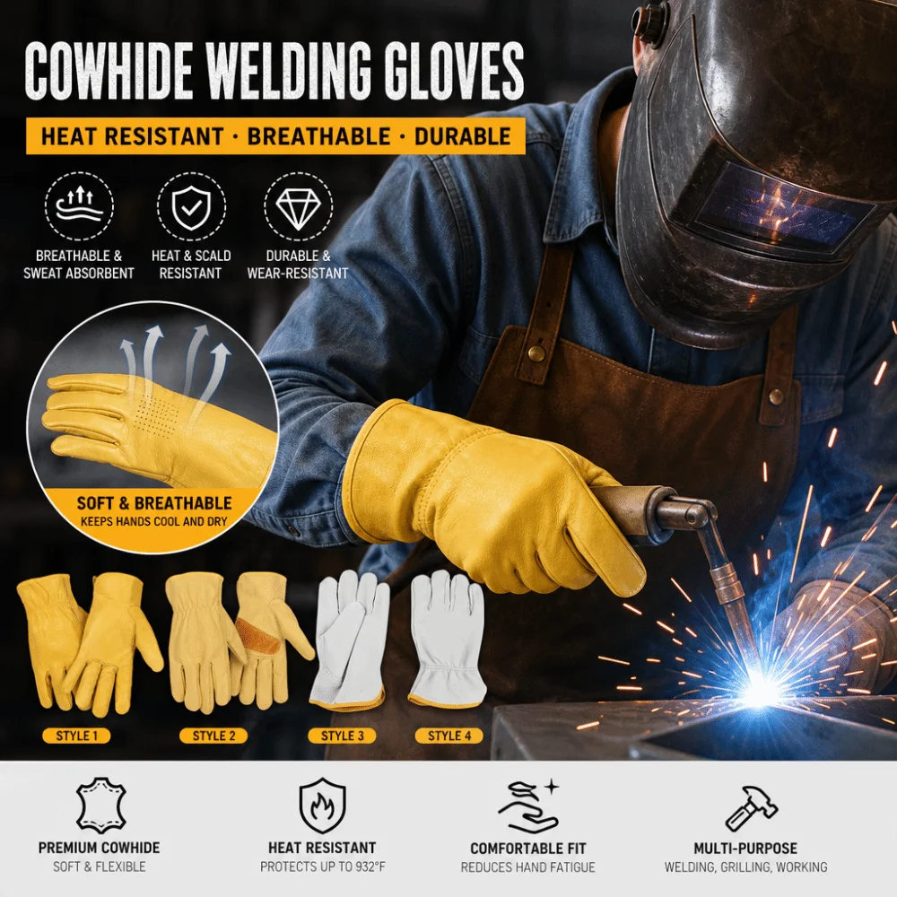 Flex Grip Leather Work Gloves Stretchable Wrist Wear-Resistant Cowhide Working Glove Insulated Soft Safety Work Gloves