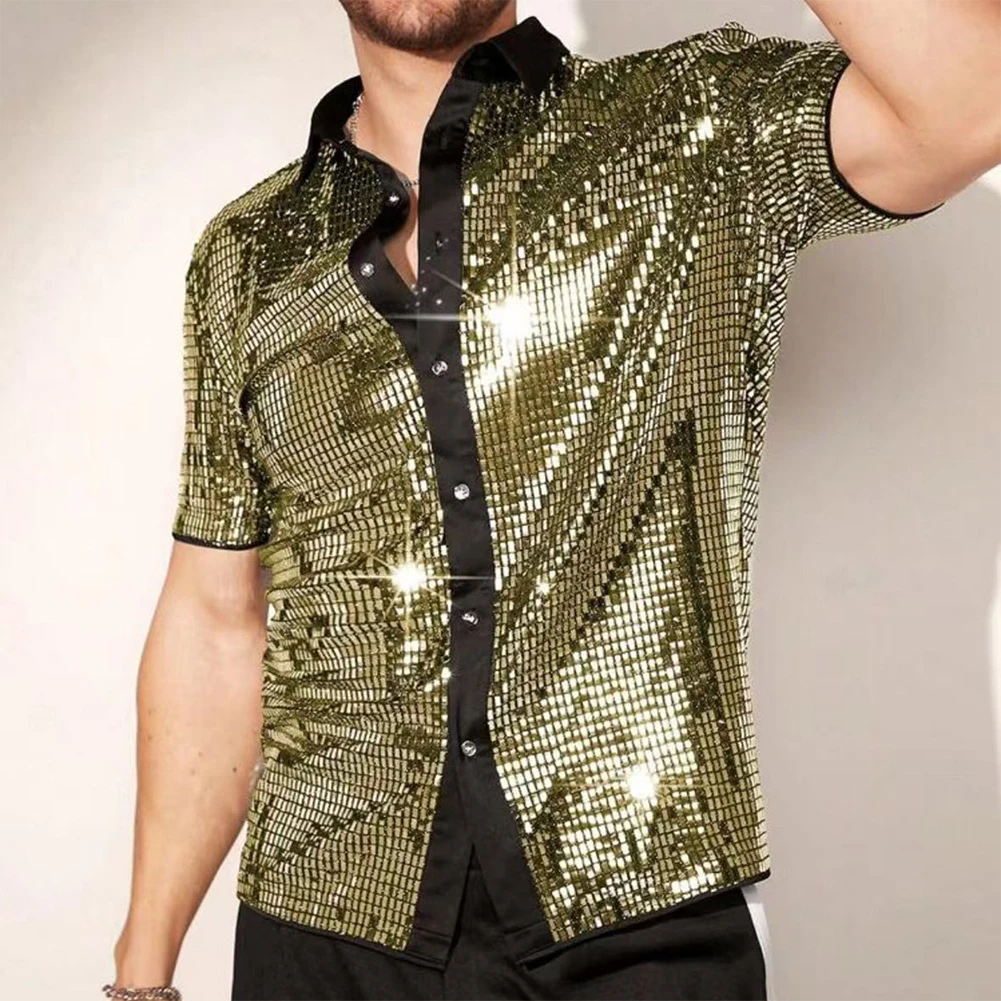 Men Shiny Sequins Shirt Clothing Short Sleeve Shirt 70s Disco Shirt Embellished Design Polyester Spandex Blend
