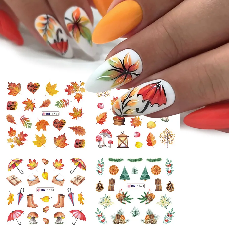 12pcs Fall Gold Leaves Nail Stickers Sliders for Manicure Maple Leaf Nail Art Water Transfer Decals Foils Autumn Decorations