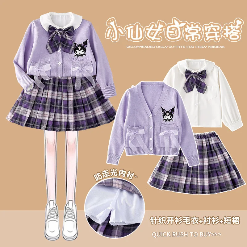 Kawaii Sanrioed Girls Kids Jk 3Pcs Set Anime Cinnamoroll Kuromi Melody Fashion College Style Cardigan Shirt Pleated Skirt Set