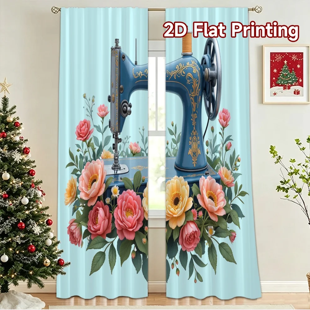 2D flat 2pcs Curtain Country Style Vintage Sewing Machine Flowers Digitally printed polyester Family Party Decoration Perfect