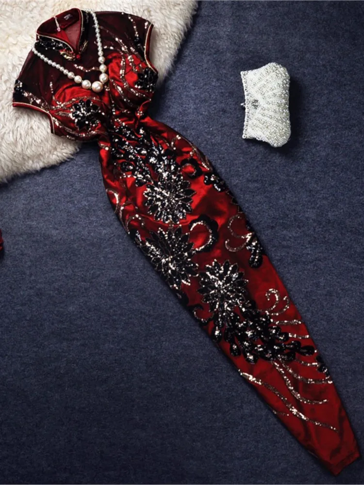 

New floral sequined embroidered long cheongsam fashion show dress