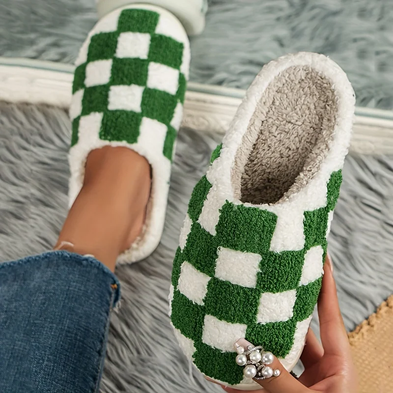 Checkerboard Pattern Slippers, Casual Slip On Plush Lined Shoes, Comfortable Indoor Home SlippersLadies Cotton Indoor Outdoo