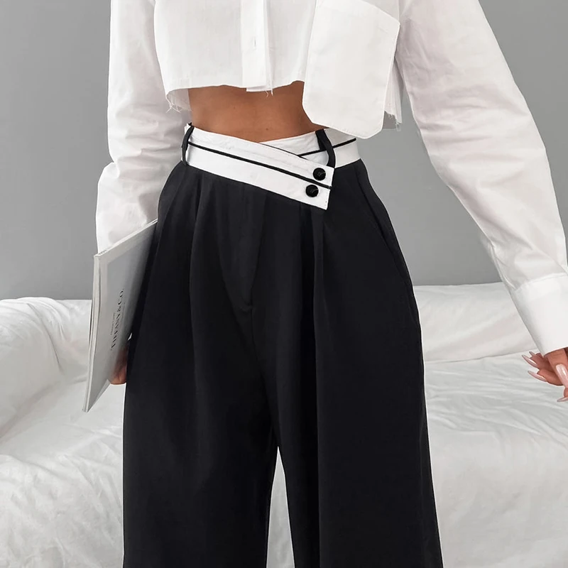 DGLUKE Women Fashion Elegant Wide Leg Pants Patchwork High Waist Long Pants Woman High Street Loose Black Trousers