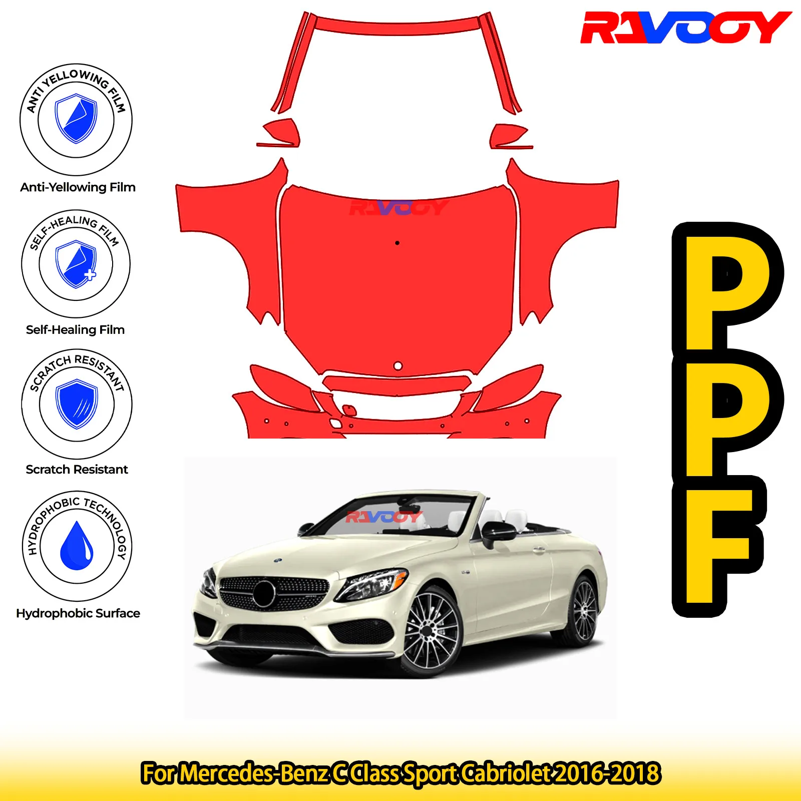 

For Mercedes-Benz C Class Sport Cabriolet 2016-2018 Glossy Matte Black Precut front PPF Kit Paint Protection Film
