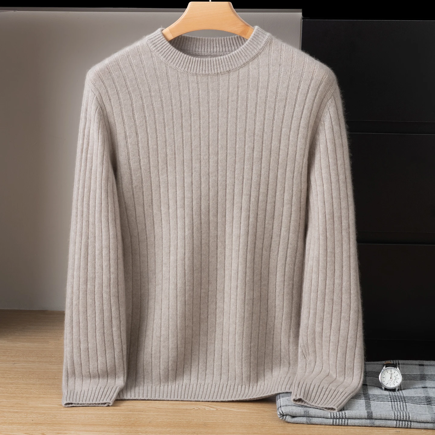 Men's 100% cashmere pullover casual knit sweater loose round neck Jumper vertical thick Blouse Winter warm long sleeve Tops
