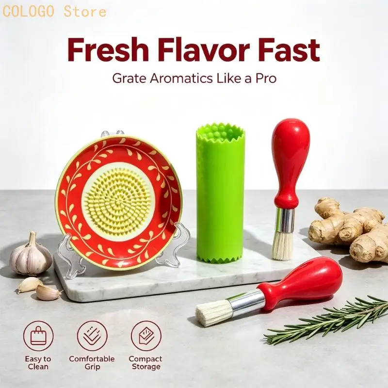 Ceramic Garlic Grating Plate Set with Peeler and Brush, Small Kitchen Tool for Smooth Garlic Texture and Home Meals D0LD