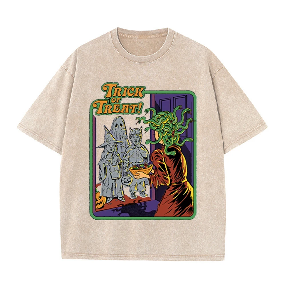 2026 Vintage Washed Beige Halloween Medusa Trick Or Treat Comic Graphic T Shirt Retro Monster Cartoon Oversized Casual Short Sle