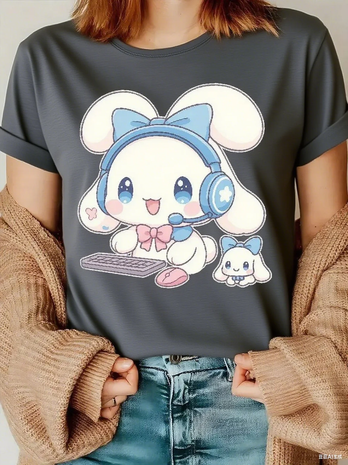 Cute Bunny with Headset Keyboard Pure Cotton T - Shirt Adorable Cartoon Rabbit in Gamer Style Fun Graphic Tee Arrival Tee S-4XL
