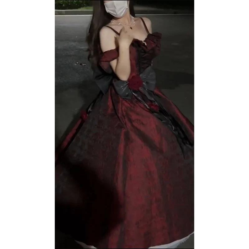 검은 색과 빨간색 로리타 여성 웨딩 드레스 우아한 화려한 공주 드레스 여성을위한 높은 허리 라인 맥시 드레스