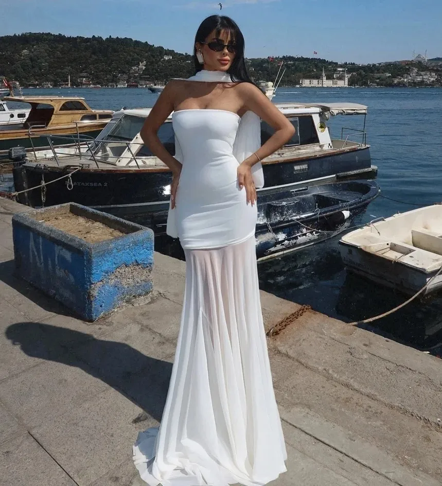 

Elegant White Prom Party Dress 2026 Warp Strapless Pleats Mermaid Chiffon Long Evening Beach Party Gowns Robe De Soiree