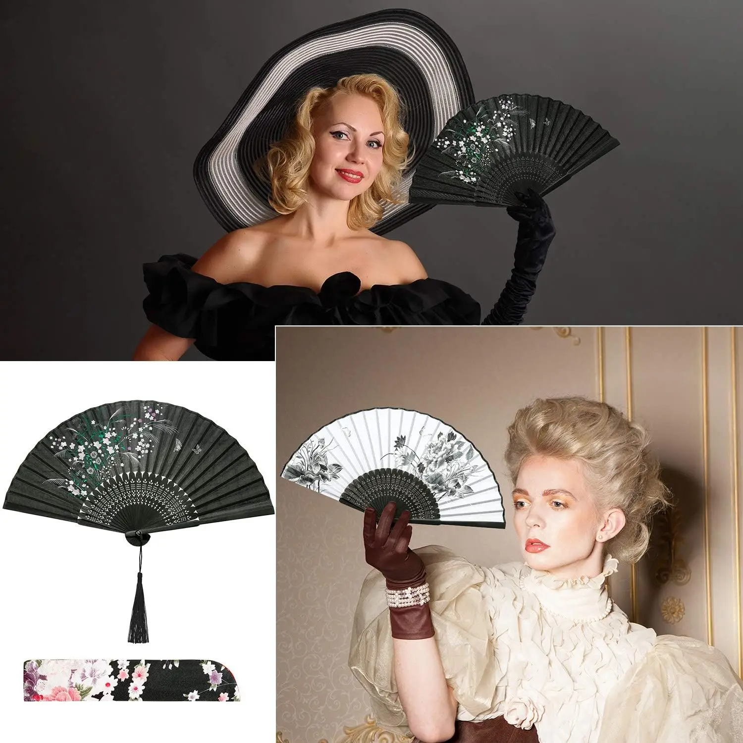 Handheld Floral Folding Fans Hand Held Silk Bamboo Fans with Tassel  Hollowed Hand Foldable Fan for Dancing Wedding Decoration