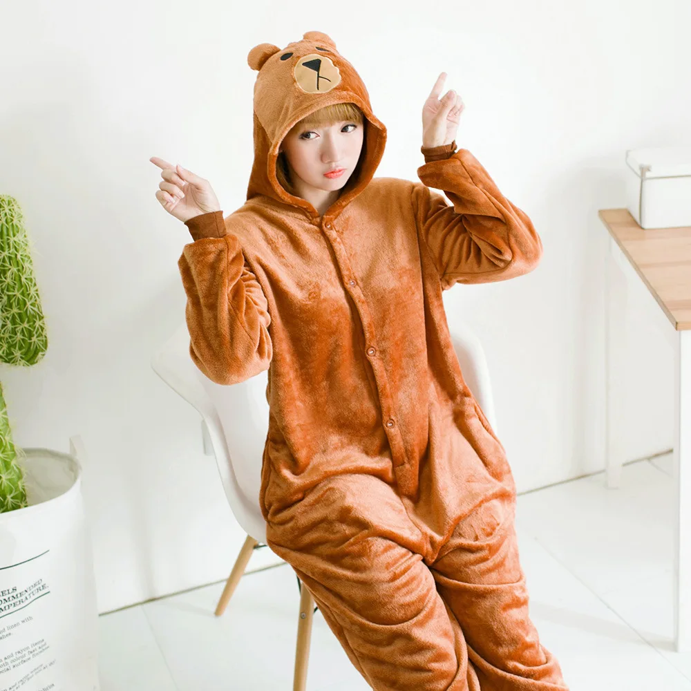 Unisex Adult Women Cartoon Bear Costume Halloween Christmas Onesies Men's Plush Cosplay Pajamas Winter Flannel Kigurumi Jumpsuit