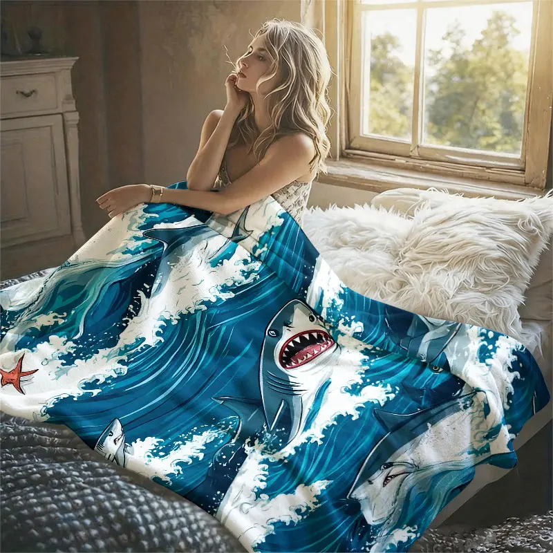 Ocean Shark Wave Flannel Blanket Warm Soft Halloween Christmas Decorative Couch Warm Cozy All-Season Gift