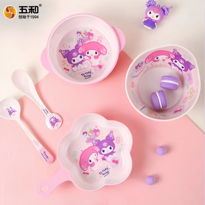 For Sanrio Kuromi Children Tableware Food Grade Dining Plates BPA-Free Salad Fruit Bowl Cartoon Baby Complementary Food Bowls