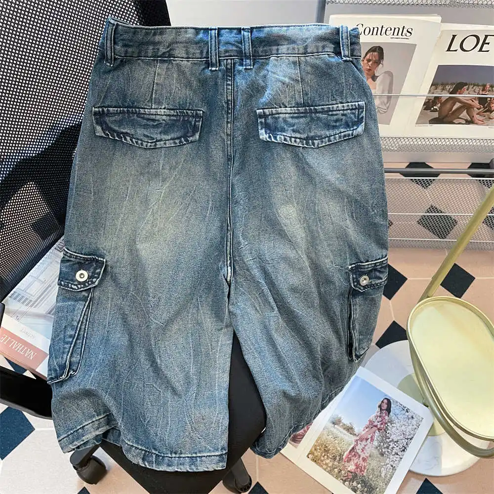 American Retro Multi Pocket Denim Shorts Summer High Waist Drawstring Loose Seven Inch knee Length Jeans Straight Wide Leg Pants