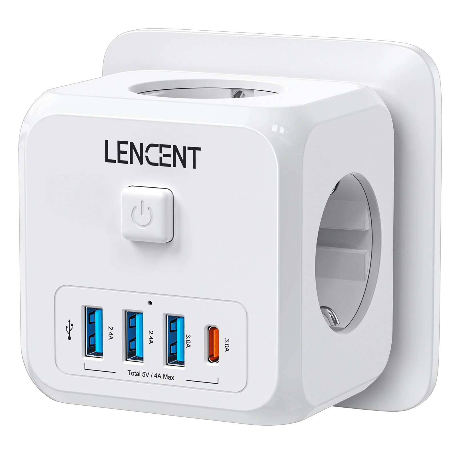 LENCENT EU Plug Wall Socket Extender with 3 AC Outlets+USB-A + Type C 5V/3A Charger Adapter 7-in-1 Socket On/Off Switch