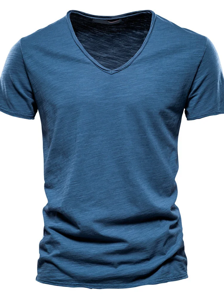 

Men's Pure Cotton V-Neck Short Sleeve T-Shirt Color Breathable Sweat Absorbent Comfortable Fit European Style Summer Top