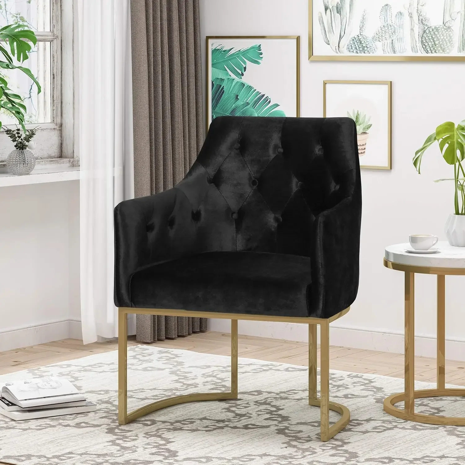 

Fern Modern Tufted Glam Accent Chair with Velvet Cushions and U-Shaped Base, Black and Gold Finish