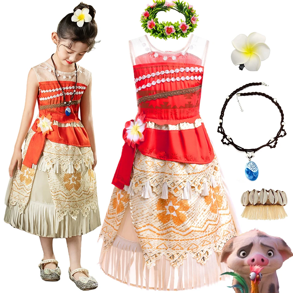 Moana Kids Princess Dress Children Carnival Halloween Party Costume Necklace Wig Doll Girls Cosplay Vaiana Vestidos Sets