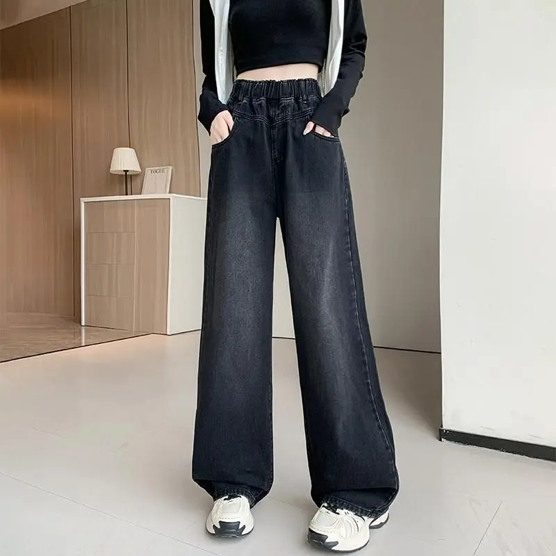 Black Elastic Waist Straight Leg Fleece Lined Denim Jeans Women's New Style Autumn Winter Student Slimming Versatile Wide Leg