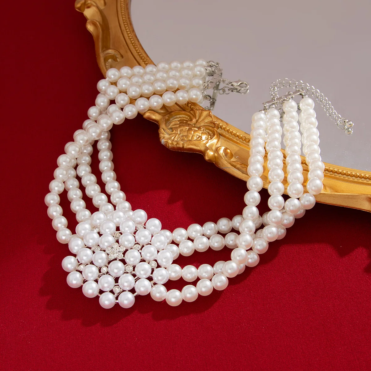 Ivory Faux Pearl Flower Layered Choker Necklace French Retro Beaded Refined Lightweight Sturdy Versatile Jewelry Women Daily
