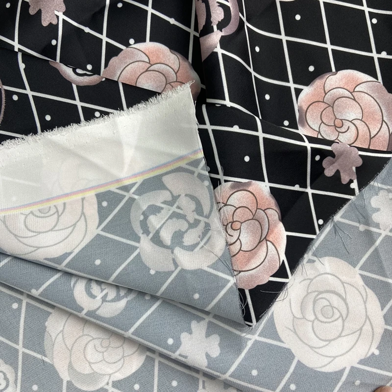 French Luxury Brand LOGO Printed Polyester Satin Fabric Soft Garment Shirt Fabrics Cloth Per Meter for Dress