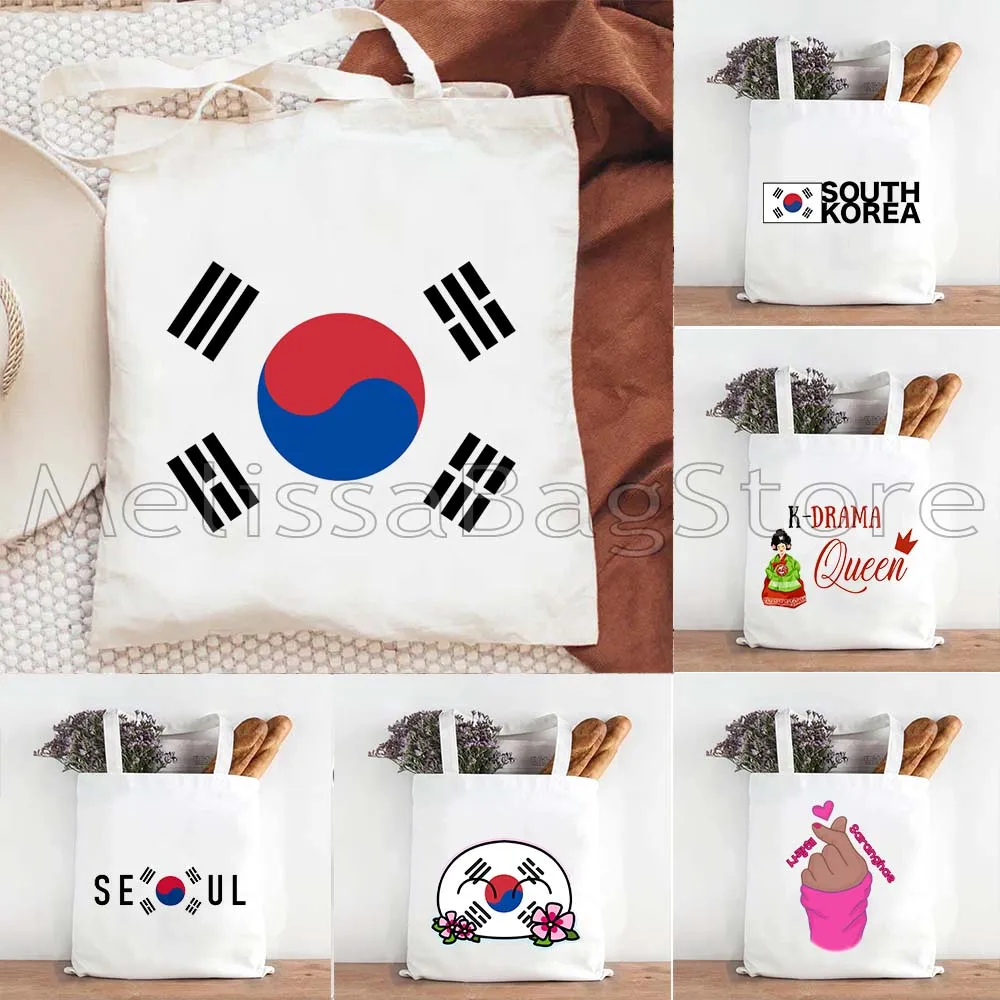 KPOP South Korea Flag Seoul Ulzzang Ins Finger Heart Harajuku Women Shoulder Bag Gothic School Anime Canvas Bags Shopper Bag