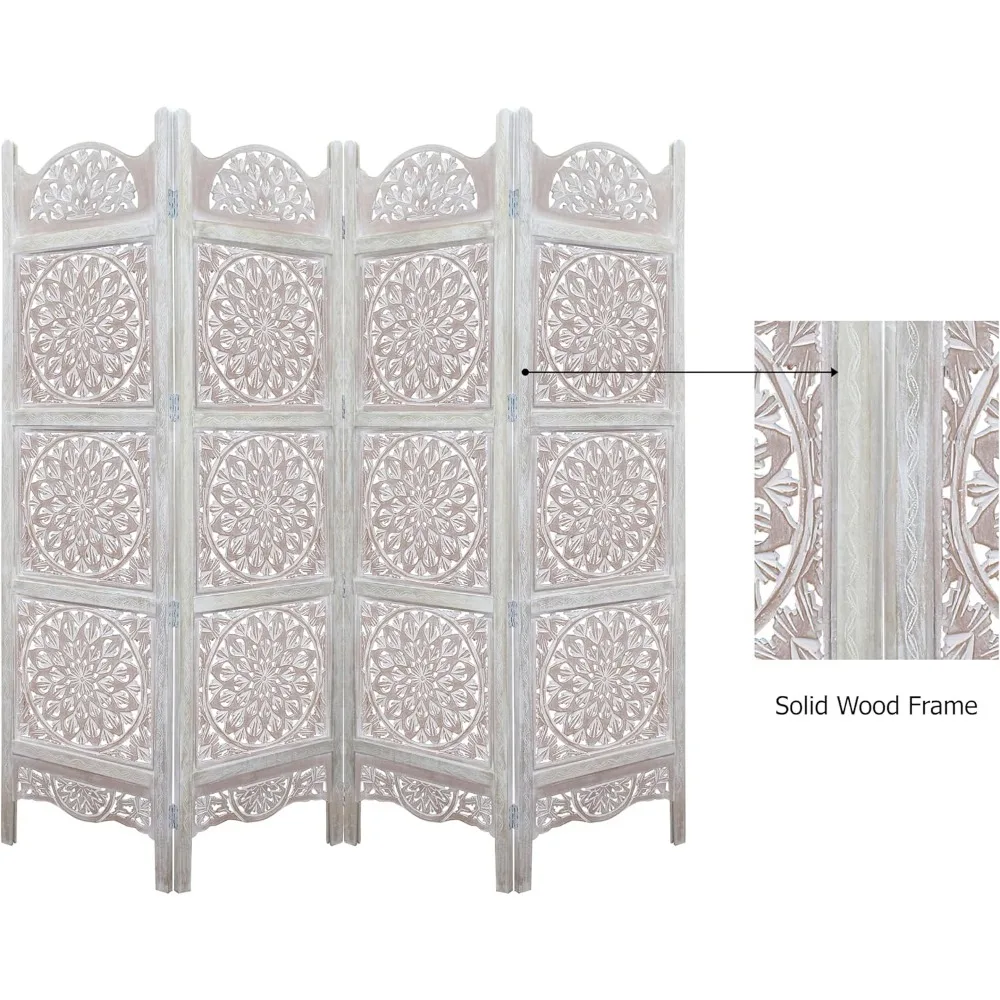 شاشة أرضية خشبية مع ميدالية بيضاء - تصميم قابل للطي بأربعة ألواح - 72 × 80 - منحوت يدويًا، محمولة، وظيفية قابلة للعكس #6