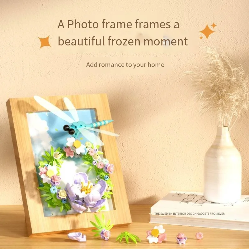 Micro-particle creative assembly toy picture frame refrigerator magnetic sticker building block style flowers and insects