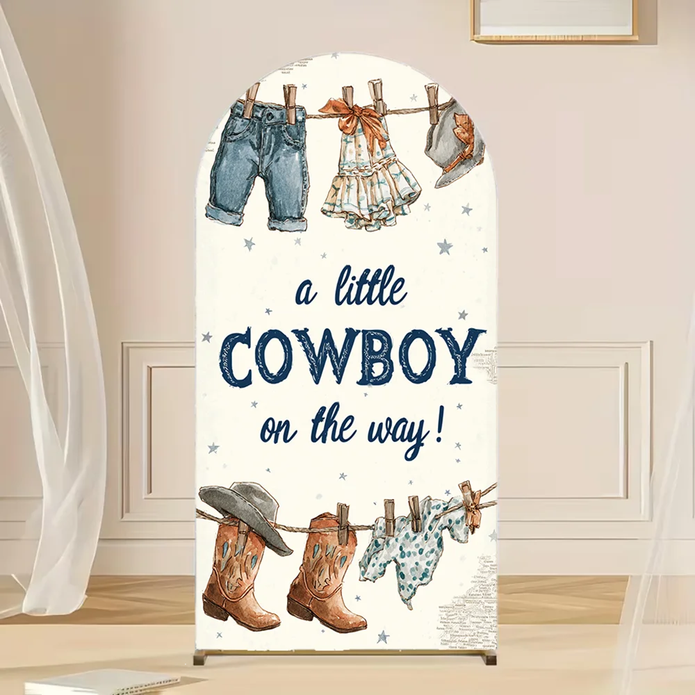 

A Little Cowboy is the Way Arch Backdrop Cover Wooden Wall Cow Mexican Kids Clothing Cute Boy Baby Shower Party Decor Background