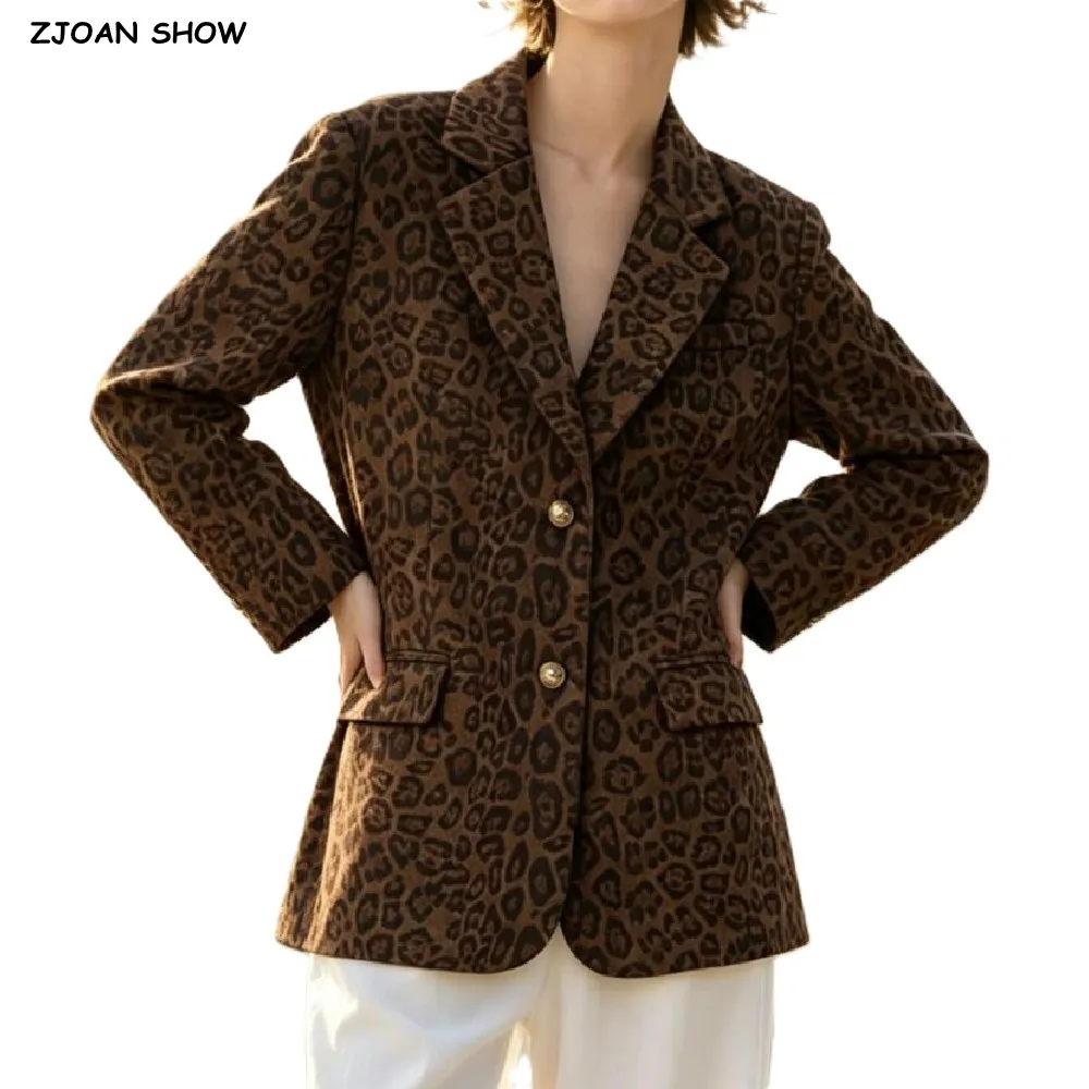 CHIC Autumn Women Single-breasted Buttons Brown Leopard Blazer Boyfriend Vintage Front Pockets Long Sleeve Suit Fashion Coat