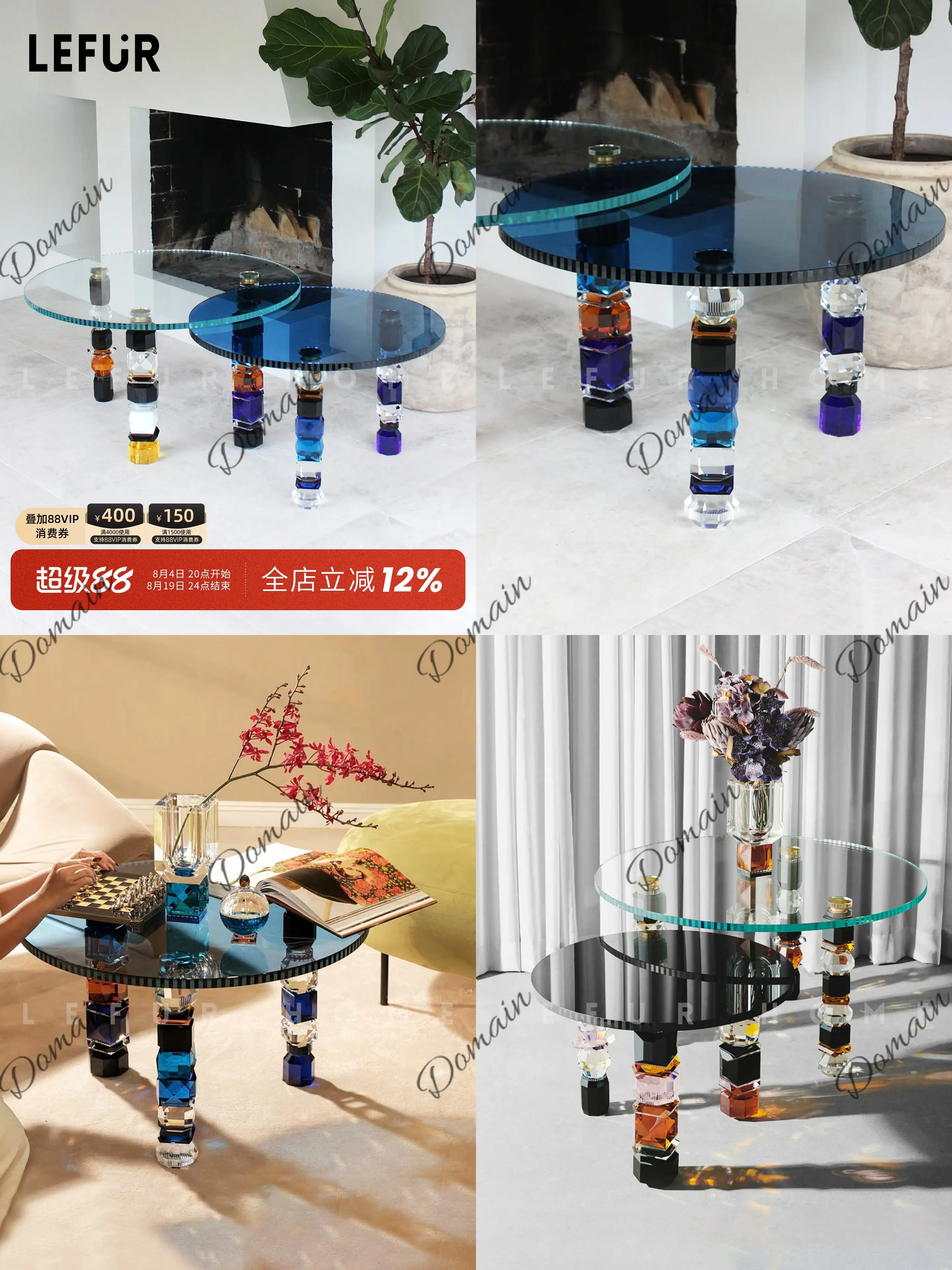 Italian Style Crystal Glass Coffee Table for Living Room, Vintage Round Side Table Small Space Modern Center Tea Table