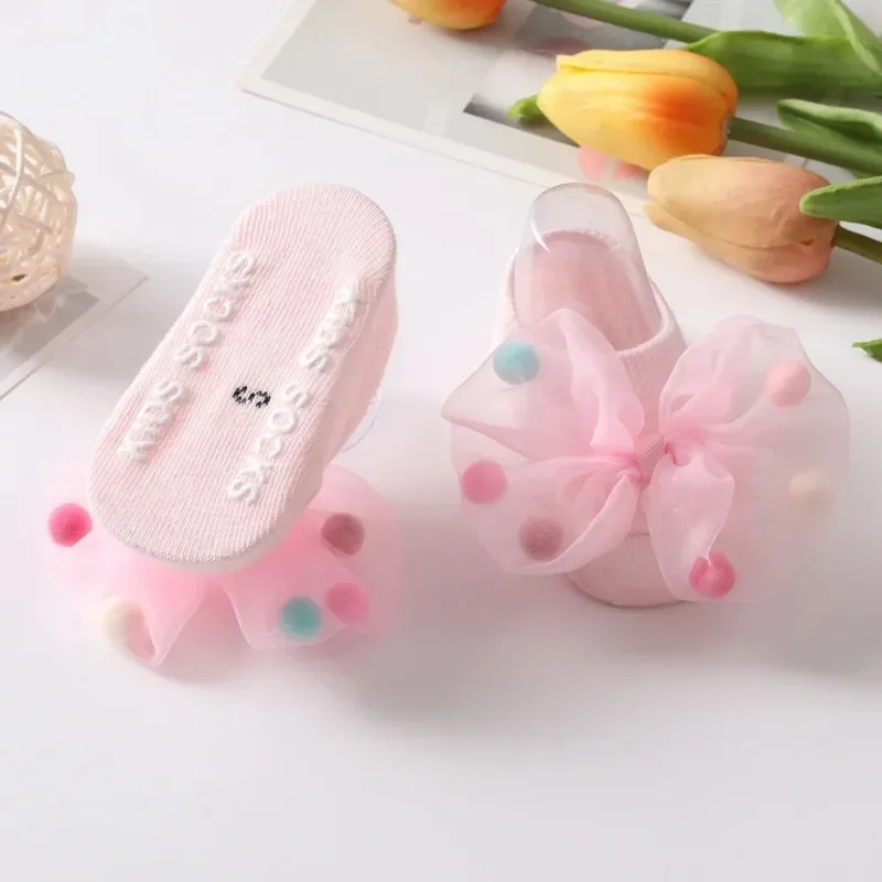 Baby Girls Home Short Socks Lace Bow Infant Anti Slip Trampoline Socks Newborn Princess Ankle Socks Children Floor Shoes