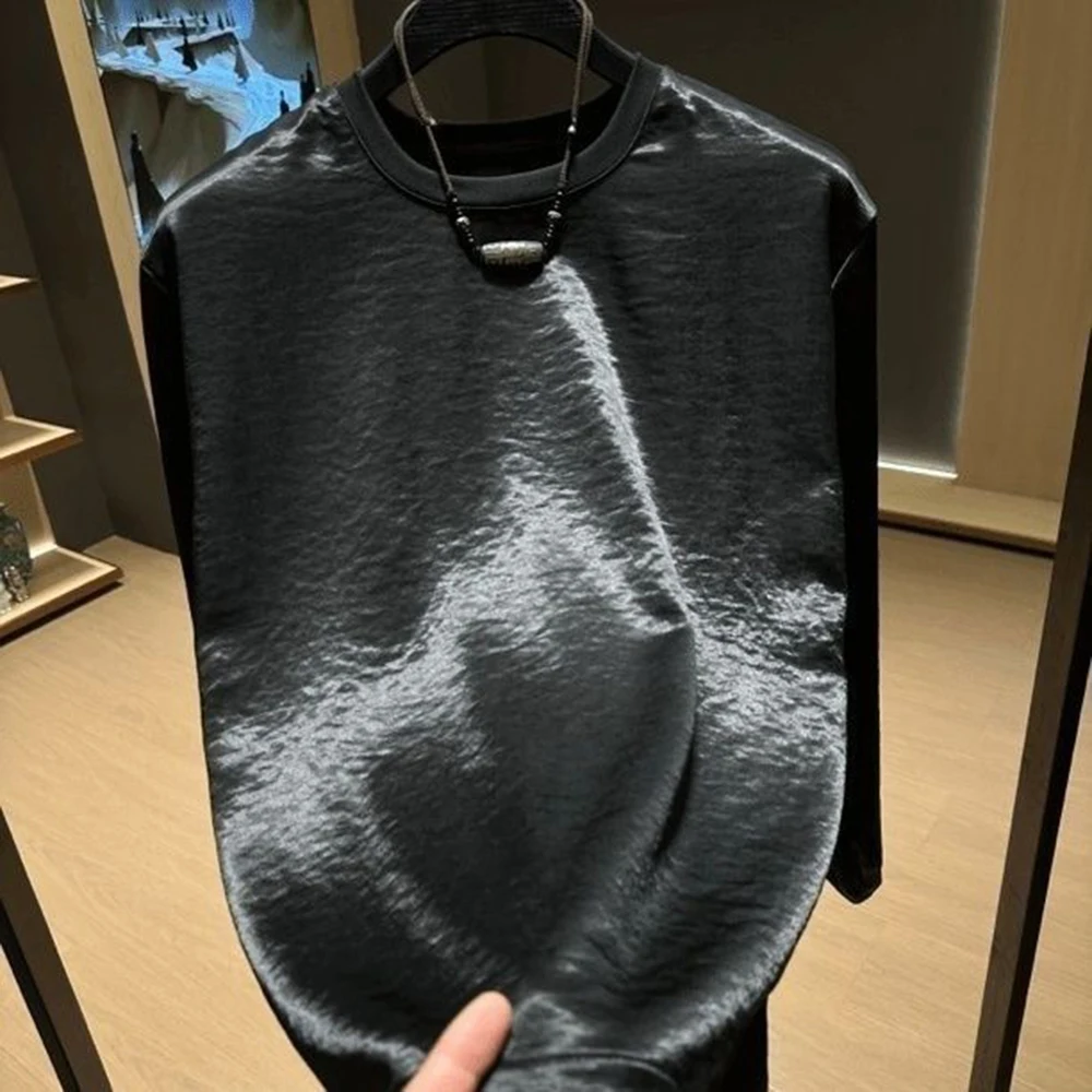 Mens Spring T-Shirt Acetate Daily Casual Home T Shirt Versatile Plain Simple Glossy Breathable Long Sleeved Top Men'S Clothing