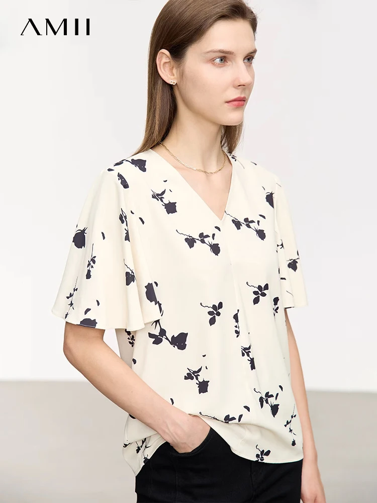 

AMII Minimalism French Women's Tops V Neck 2023 Summer Short Sleeve Shirt Rose Printed Loose Chiffon Shirts & Blouses 12352075