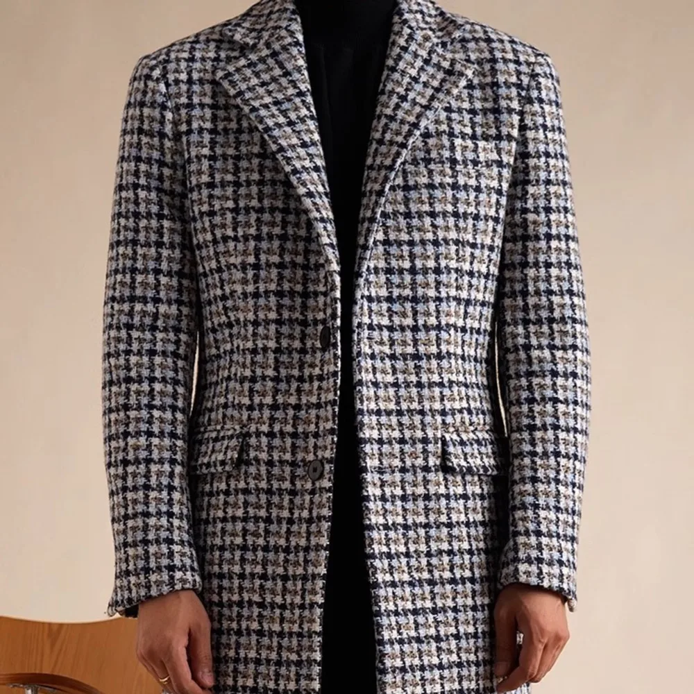 Fall Winter Mens Coat Top Quality Abrigo Largo Hombre Mantel  British Retro Houndstooth Coat Men Long Warm Jacket