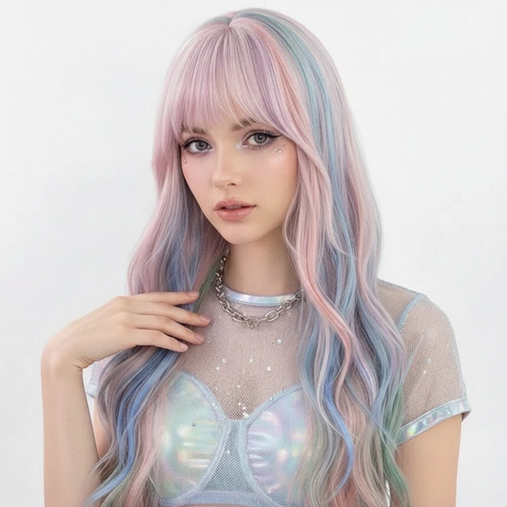 Rainbow Ombre Pink Blue Green Mixed Long Wavy Women Wigs With Bangs Synthetic Lolita Cosplay Wig For Party Heat Resistant - view 2