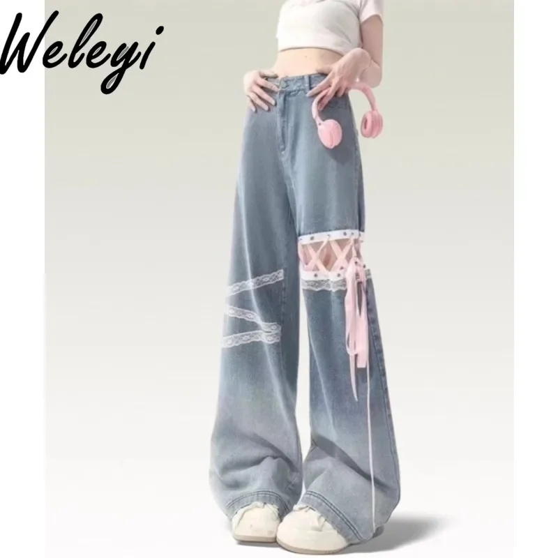 

American High Street Ripped Blue Jeans for Women 2024 New Cutecore Anti Wrinkle Lace High Waist with Straps Versatile Mop Pants