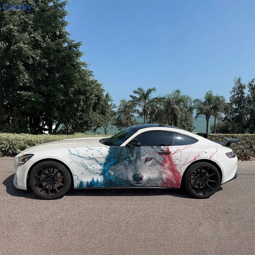 2pcs Lightning Split Wolf Mountain Forest Car Side Wrap, Self-Adhesive PVC Waterproof & Scratch-Resistant Sticker, Car Accessory