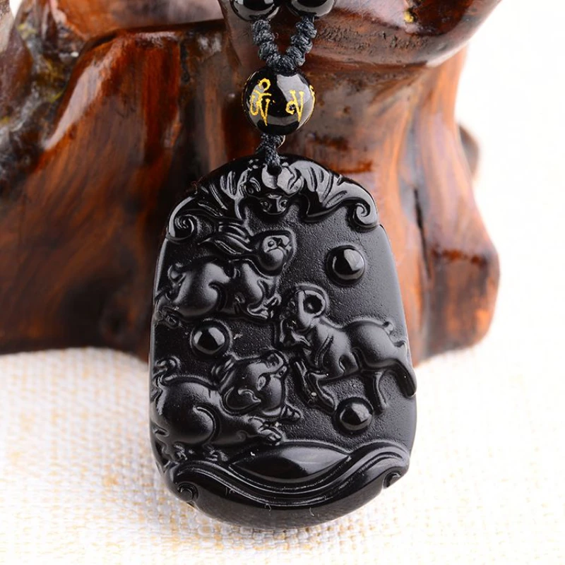 Natural Obsidian Zodiac Three-in-One Pendant Rat Cow Tiger Rabbit Dragon Snake Horse and Sheep Monkey Chicken Dog Pig Key