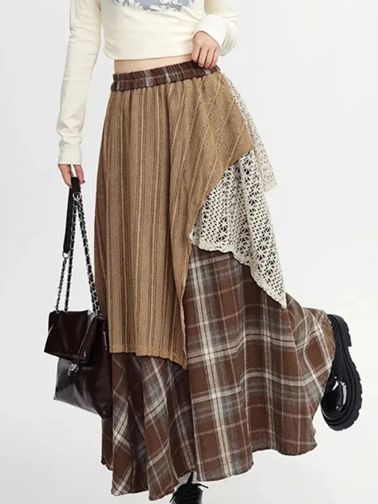 Y2k Skirts Women Clothing 2025 Faldas Mujer De Moda Contrast Color A-line Jupe Fashion Korean Saia Lace Plaid Casual Long Skirt