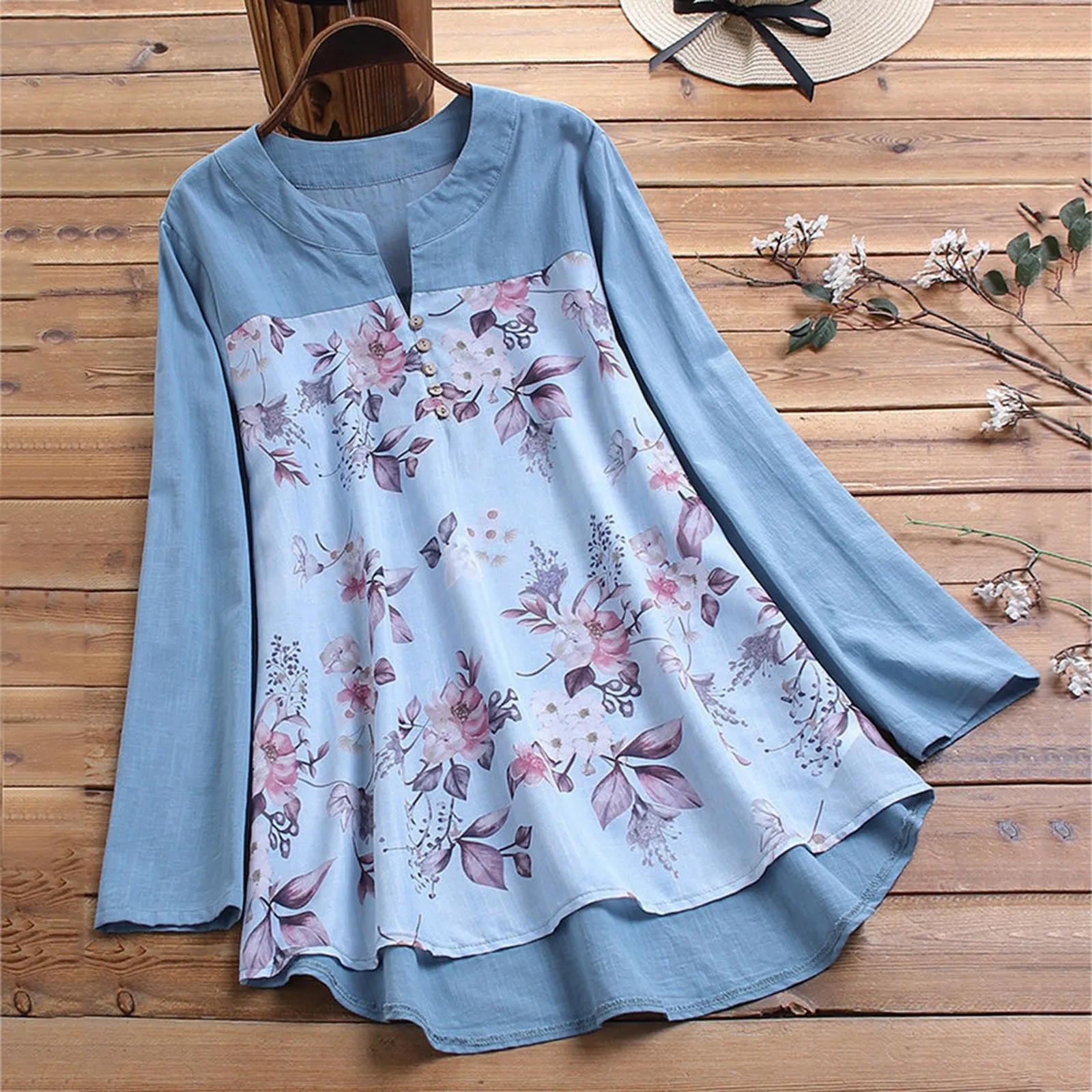 

2024 New Women Vintage V Neck Tops Summer Floral Printed Blouse Long Sleeve Shirt Casual Tunic Patchwork Blusa Large Size Shirts