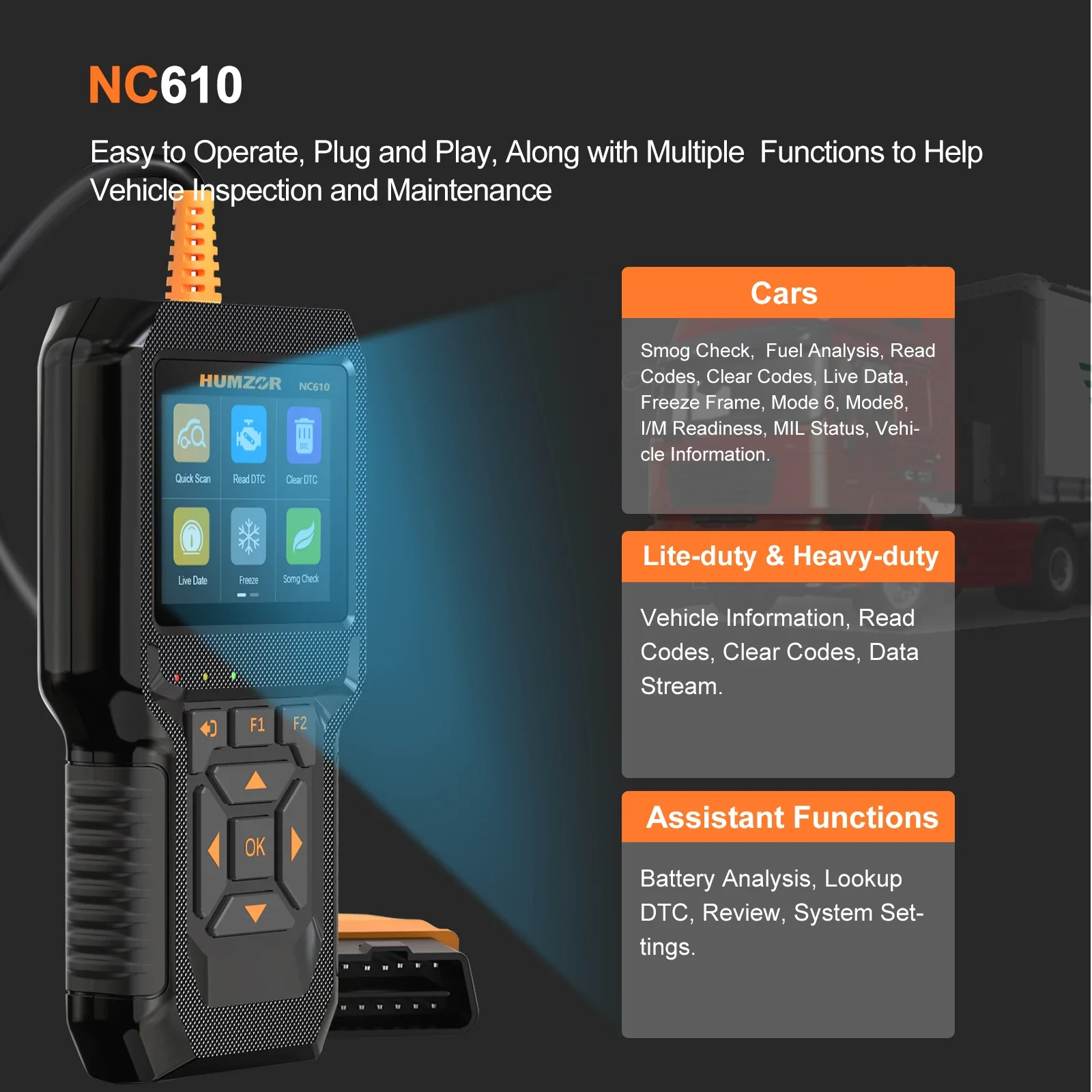 New Arrival Humzor Nexzcheck NC610 2in1 OBD2 Code Reader OBD Scanner 12V 24V Car And Truck Diagnostic Machine Tool